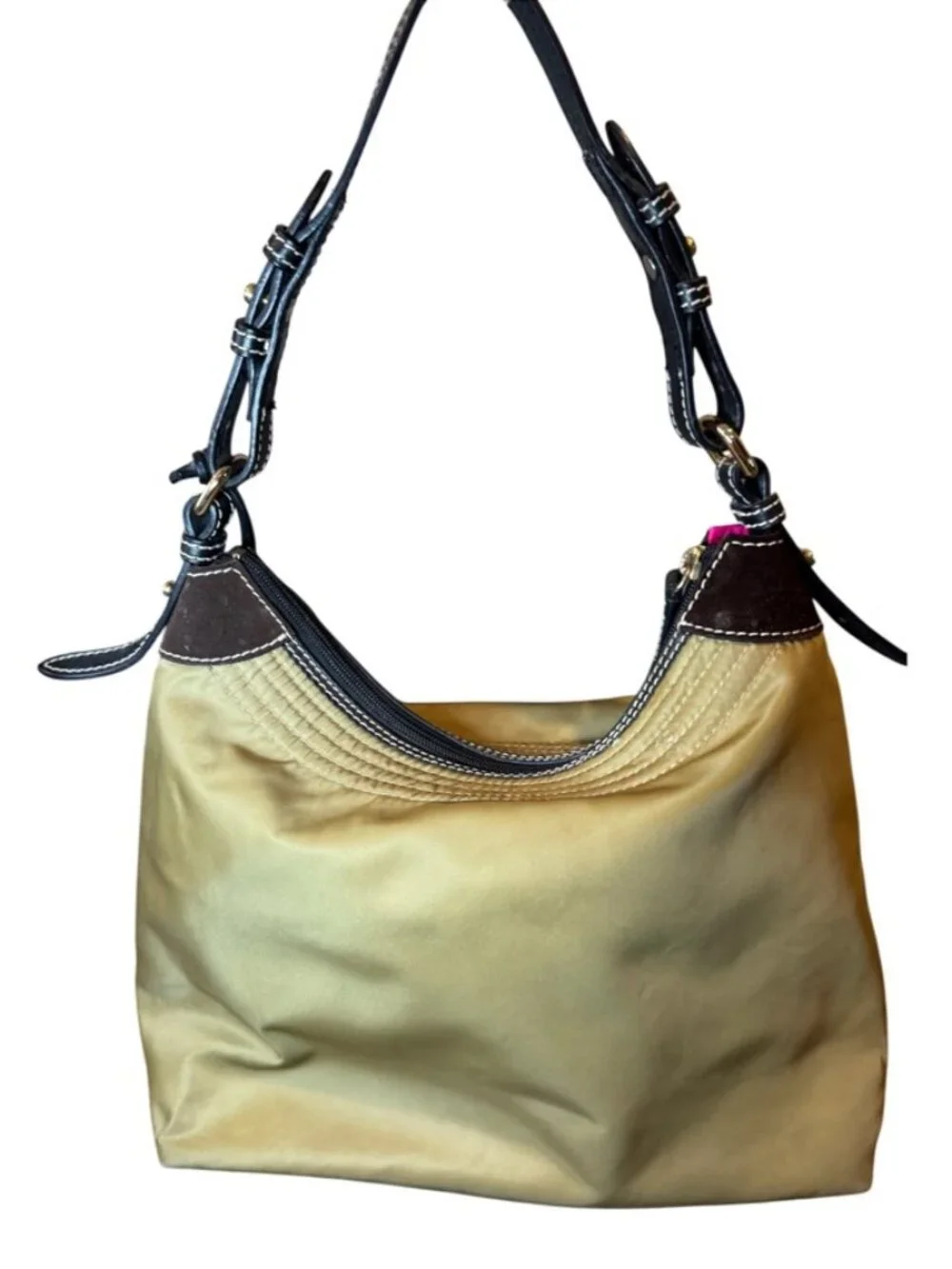 Dooney & Bourke Erica Large Hobo Bag Gold Nylon Brown Suede Trim Shoulder Bag